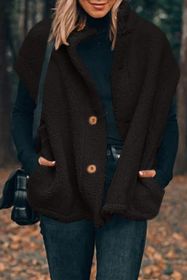 Black Sherpa Cap Sleeve Stand Collar Vest Coat (size: (US 12-14)L)