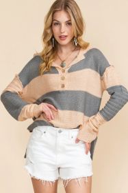 Khaki Colorblock Ribbed Contrast Trim Henley Sweater (size: (US 8-10)M)