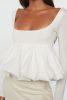 White Elegant Scoop Neck Bubble Hem Long Sleeve Top