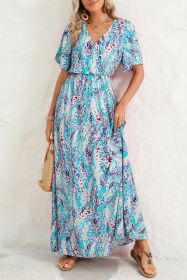 Abstract Botanic Print Wrap V Neck Short Sleeve Maxi Dress (size: (US 8-10)M)