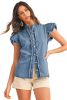 Ashleigh Blue Button Front Ruffled Flutter Frayed Denim Top