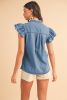 Ashleigh Blue Button Front Ruffled Flutter Frayed Denim Top