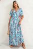 Abstract Botanic Print Wrap V Neck Short Sleeve Maxi Dress