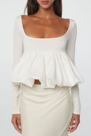White Elegant Scoop Neck Bubble Hem Long Sleeve Top (size: (US 8-10)M)