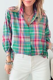 Green Checkered 3/4 Sleeve Collared Loose Fit Shirt (size: (US 12-14)L)