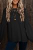 Black Solid Color Textured Lantern Sleeve Top