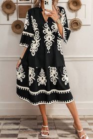 Black Ethnic Print 3/4 Sleeve Loose Midi Dress (size: (US 8-10)M)