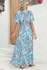 Abstract Botanic Print Wrap V Neck Short Sleeve Maxi Dress