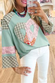 Aqua Plaid Floral Patchwork Heart Long Sleeve Top (size: (US24-26)3XL)