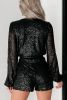 Black Sequin V Neck Wrapped Long Sleeve Romper