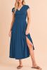 Peacock Blue Deep V Neck Ruched High Waist Midi Dress
