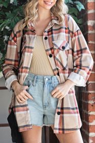 Khaki Plaid Casual Pockets Buttoned Shacket (size: (US 18-20)2XL)