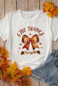 White GIVE THANKS Bowknot Thanksgiving Graphic Tee (size: (US 20-22)2XL)