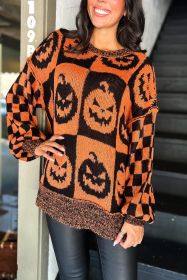 Orange Plaid Print Pumpkin Loose Halloween Sweater (size: (US24-26)3XL)