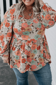 Khaki Plus Size Flower Print Square Neck Peplum Blouse (size: (US 18W-20W)2X)