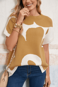 Camel Flower Print Mock Neck Knit Top (size: (US 8-10)M)