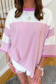 Pink Stripe Patchwork Bracelet Sleeve Plus Size T Shirt (size: (US 18W-20W)2X)