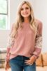 Pink Leopard Sequin Splicing Sleeves Textured Knit Top