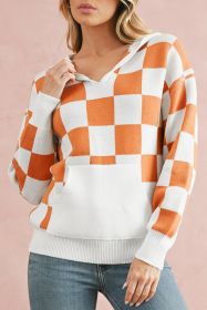 Gold Flame Checkered Split Neck Kangaroo Pocket Hooded Sweater (size: (US 8-10)M)