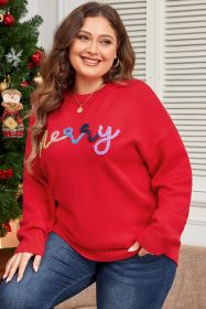 Fiery Red Tinsel merry Pattern Christmas Plus Size Sweater (size: (US 18W-20W)2X)