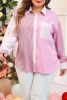 Pink Striped Patchwork Pocket Plus Size Shirt