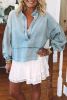 Beau Blue Light Wash Puff Sleeve V Neck Denim Blouse