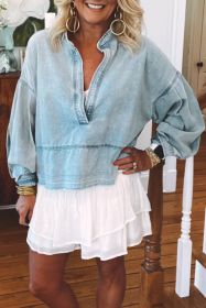 Beau Blue Light Wash Puff Sleeve V Neck Denim Blouse (size: (US 12-14)L)