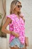 Rose Floral Print Frill V-Neck Pleated Ruffle Blouse