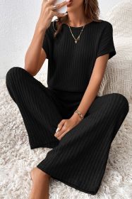 Black Solid Color Ribbed Short Sleeve Wide Leg Jumpsuit (size: (US 8-10)M)