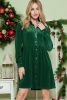Green Long Sleeve Ruffle Velvet Button Up Shirt Dress