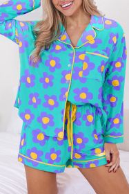 Green 60s Flower Print Buttoned Shirt and Drawstring Waist Pajama Set (size: (US 20-22)2XL)