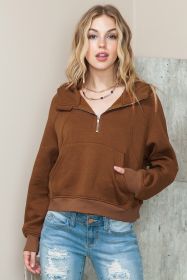 Brown Thumbhole Raglan Sleeve Half Zip Pullover Hoodie (size: (US 8-10)M)