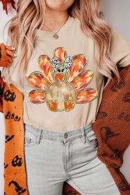 Khaki Thanksgiving Bowknot Turkey Heat Transfer Printing Graphic Crewneck Tee (size: (US24-26)3XL)
