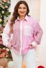 Pink Striped Patchwork Pocket Plus Size Shirt