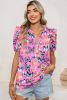 Purple Butterfly Print Frill V Neck Puff Sleeve Blouse