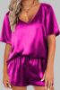 Bright Pink Satin V Neck Tee and Drawstring Shorts Set