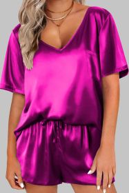 Bright Pink Satin V Neck Tee and Drawstring Shorts Set (size: (US 8-10)M)