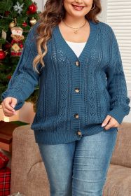 Real Teal Hollow Knit V Neck Button Front Plus Size Cardigan (size: (US 18W-20W)2X)