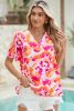 Rose Red Boho Abstract Print V Neck Loose Top