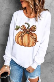 Beige Leopard Bowknot Pumpkin Graphic Crewneck Sweatshirt (size: (US 12-14)L)