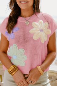 Pink Flower Patch Knit Round Neck Tee (size: (US 8-10)M)