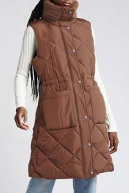 Coffee Puffer Quilted Stand Collar Pocketed Vest Coat (size: (US 12-14)L)