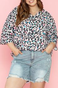 Brown Leopard Print V Neck Plus Size Batwing Top (size: (US 14W-16W)1X)