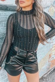 Black Star Mesh Mock Neck Long Sleeve Bodysuit (size: (US 12-14)L)