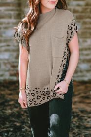 Smoke Gray Leopard Splicing Side Slit Short Sleeve Sweater (size: (US 8-10)M)