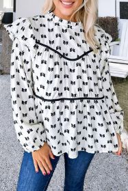 White Bowknot Print Frill Crew Neck Flowy Blouse (size: (US 12-14)L)