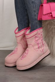 Pink Embroidered Thick Sole Plush Winter Warm Lined Boots (size: (US 5.5)36)