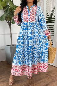 Sky Blue Ethnic Floral Print Notch Neck Plus Size Dress (size: (US 18W-20W)2X)