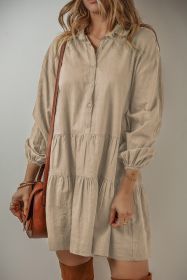 Tan Puff Sleeve Buttoned Tiered Pleated Mini Shirt Dress (size: (US 8-10)M)