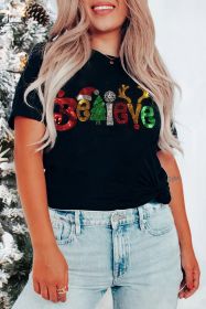 Black BELIEVE Glittered Crewneck Christmas Graphic Tee (size: (US24-26)3XL)